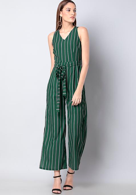 Buy Women Dark Green Striped Belted Jumpsuit - Trends Online India ...