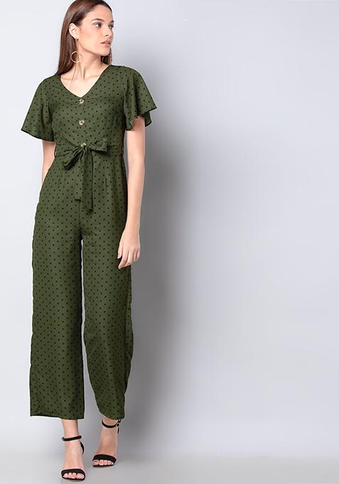 Olive Polka Flared Sleeve Jumpsuit