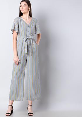 Grey Striped Flared Sleeve Jumpsuit