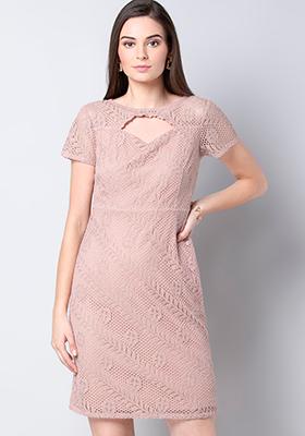 Pink Lace Bodycon Knee Length Dress 