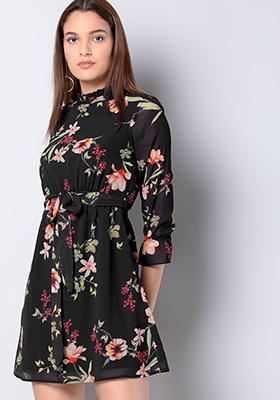 Black Floral Peasant Sleeve Belted Mini Dress