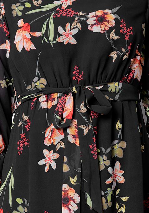 Buy Women Black Floral Peasant Sleeve Belted Mini Dress - Date Night ...