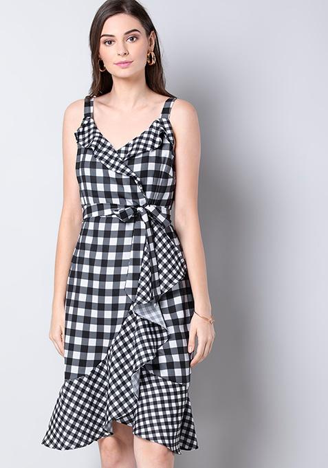 Black Gingham Strappy Ruffled Dress 