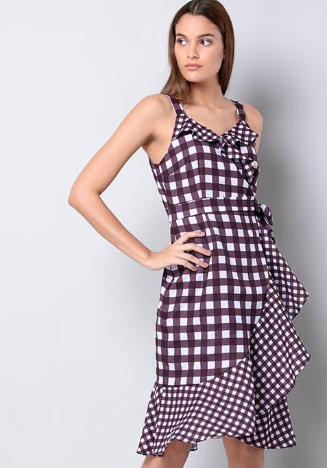 Wine Gingham Strappy Ruffled Dress 