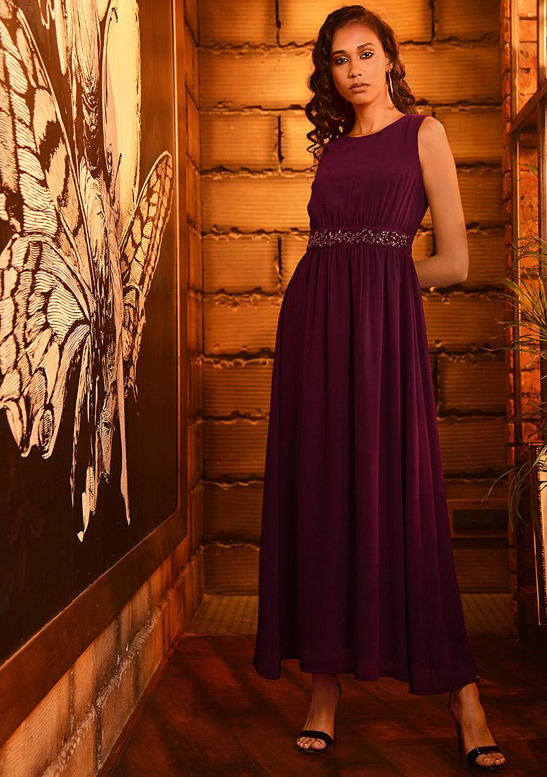Buy Women Wine Sleeveless Embellished Maxi Dress DRS03087 All