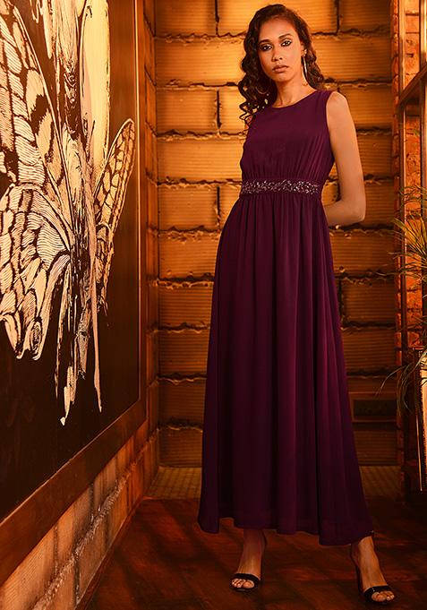 Wine Sleeveless Embellished Maxi Dress