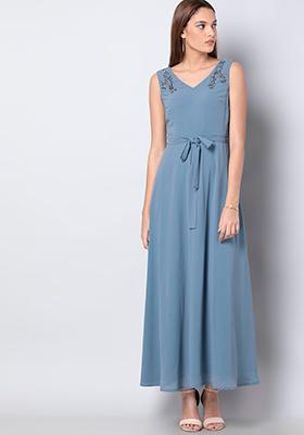 Blue Grey Embellished Shoulder Maxi Dress 