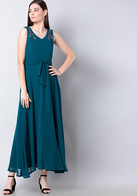 Teal Embellished Maxi Dress