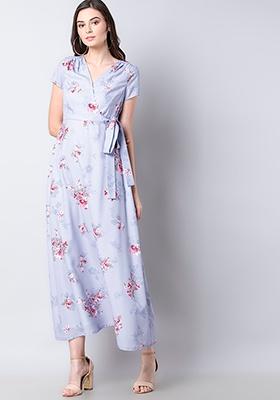 Powder Blue Floral Belted Maxi Dress