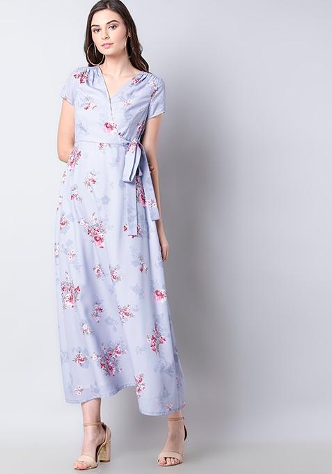 Powder Blue Floral Belted Maxi Dress