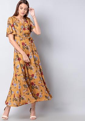 Mustard Floral Belted Georgette Wrap Maxi Dress 