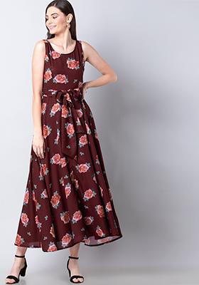 Oxblood Floral Belted Maxi Dress 