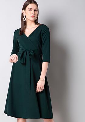 Green Solid Wrap Midi Dress 