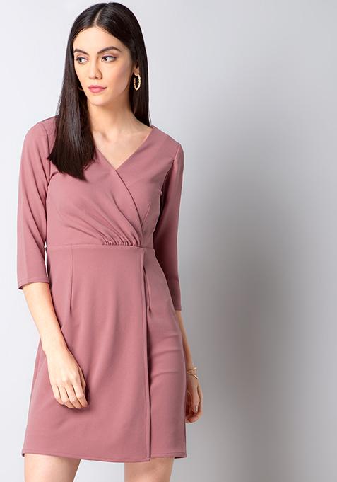 Pink V Neck Wrap Dress 