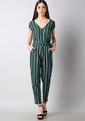 Green White Striped Belted Jumpsuit