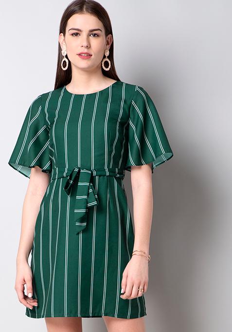 Green White Striped Belted Skater Dress 