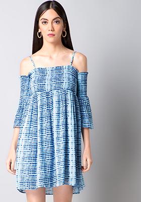 Blue Tie And Dye Smocked Strappy Cold Shoulder Dress 