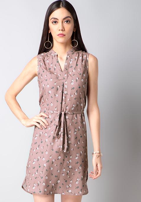 Beige Ditsy Floral Shift Dress