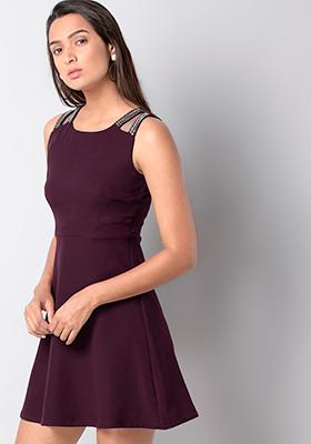 Wine Embellished Fit And Flare Dress