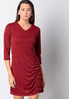Red Shimmer Ruched Dress