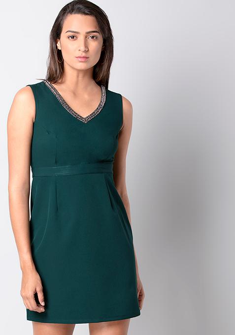 Green Embellished Shift Dress 