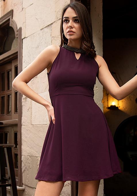 Wine Embellished Halter Fit And Flare Dress 