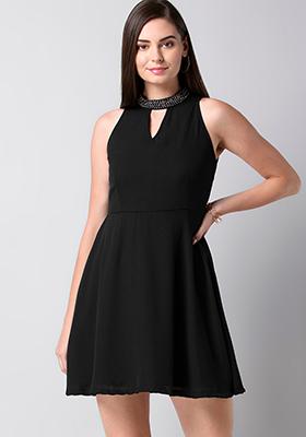Buy Women Black Embellished Halter Fit And Flare Dress - Date Night ...