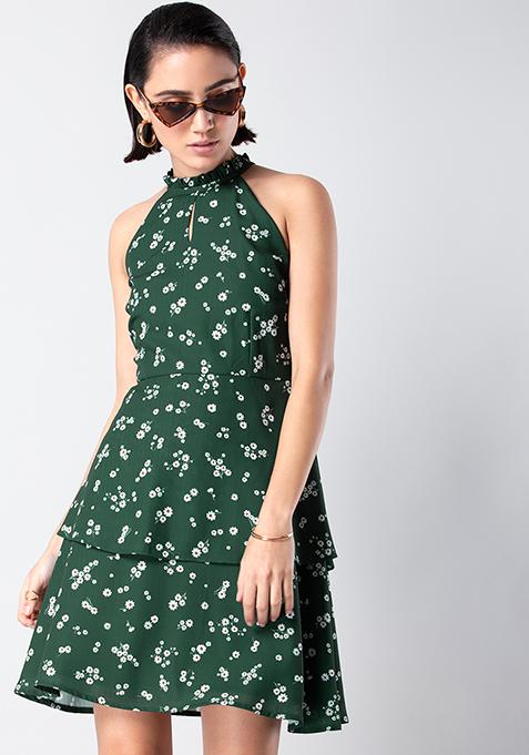 Green Floral Halter Tiered Dress 