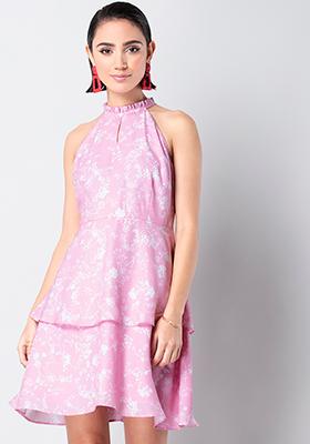 Pink Floral Halter Tiered Dress