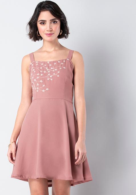 Pink Embroidered Strappy Skater Dress