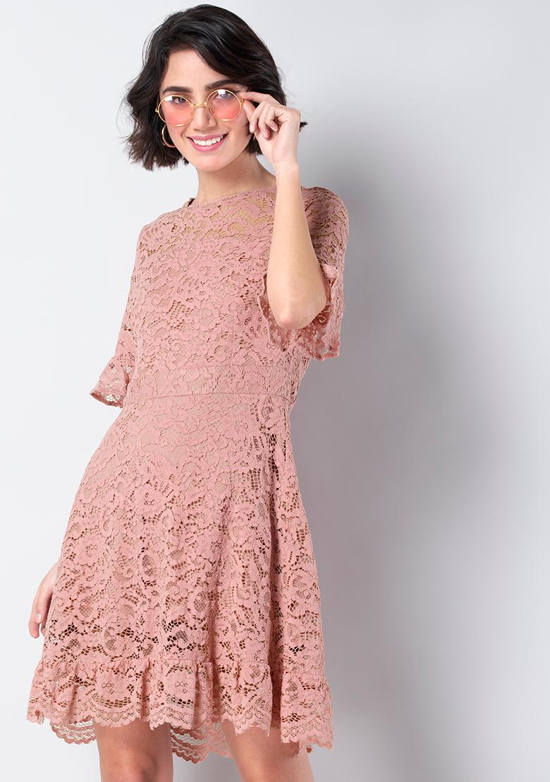 Buy Women Dusty Pink Flared Sleeve Lace 