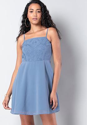Powder Blue Embroidered Strappy Dress 