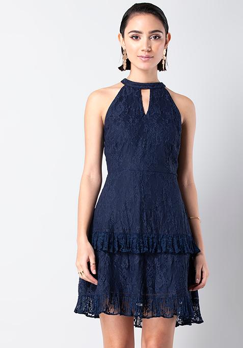 Navy Halter Tiered Lace Dress 