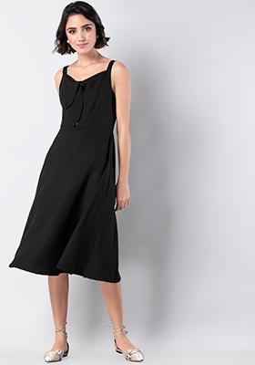 Black Buttoned Strappy Midi Dress 