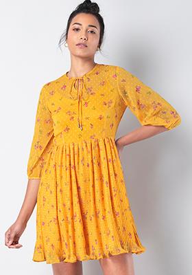Yellow Floral Pleated Skater Dress