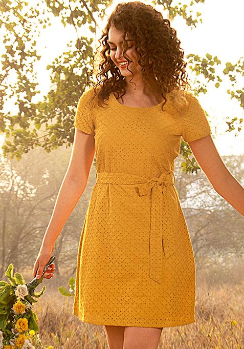 Mustard Schiffli Belted Shift Dress 