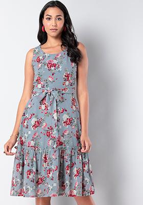 Grey Floral Belted Tiered Midi Dress 