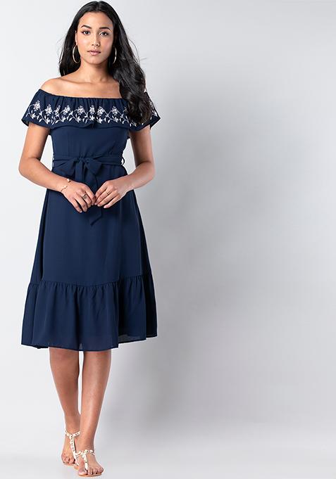 Navy Embroidered Off Shoulder Midi Dress