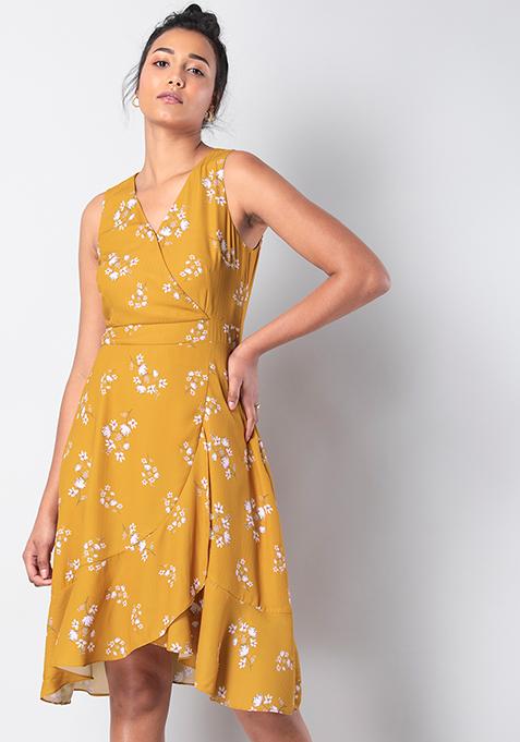 Mustard Floral Wrap Yoke High Low Dress