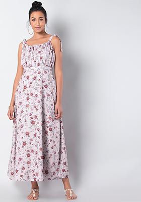 Beige Floral Strappy Maxi Dress 