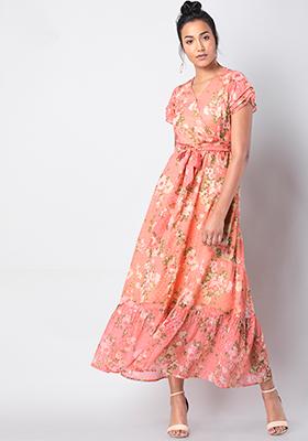 Coral Floral Belted Maxi Dress 
