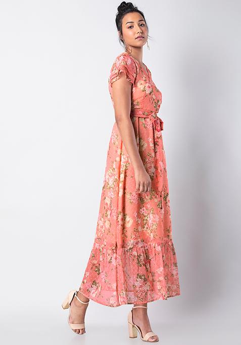 Buy Women Coral Floral Belted Maxi Dress - Beach Wear Online India ...