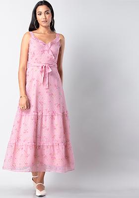 Pink Floral Ruffled Strappy Maxi Dress