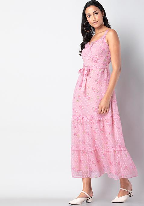 Buy Women Pink Floral Ruffled Strappy Maxi Dress - Date Night Dress ...