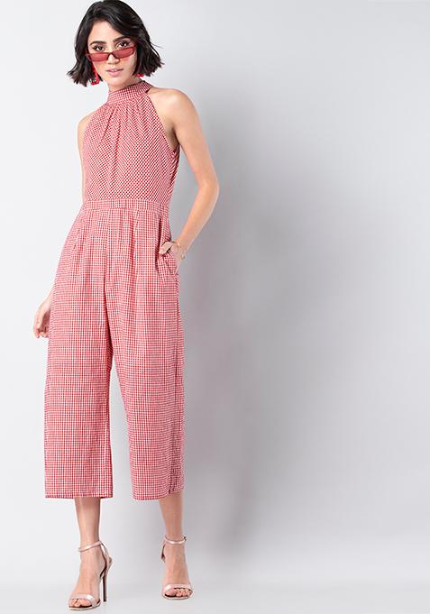 Red Gingham Halter Culotte Jumpsuit