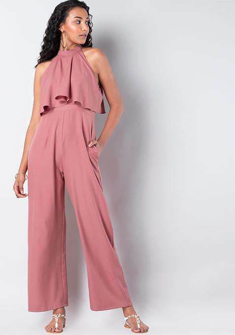 Dusty Pink Tiered Halter Jumpsuit