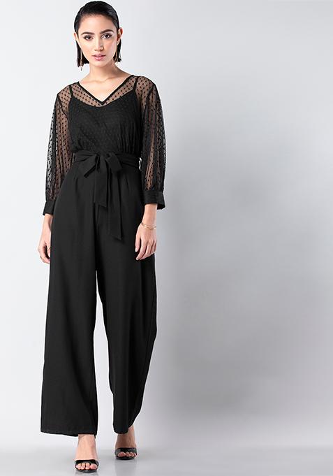 Black Mesh Top Belted Jumpsuit 