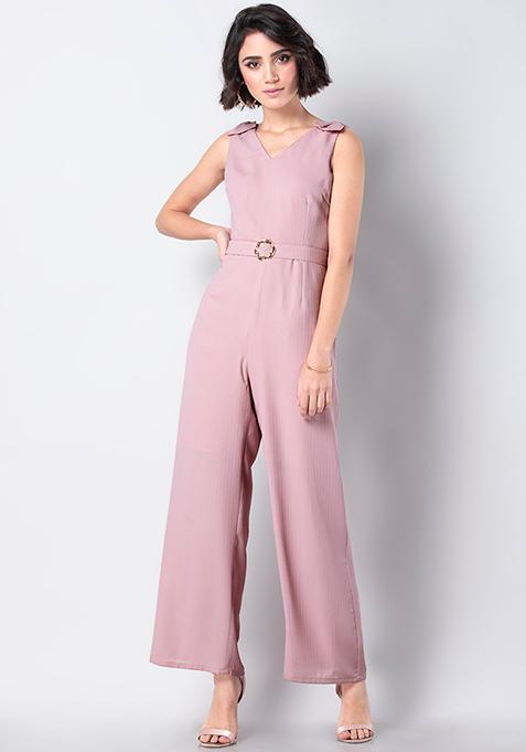 Buy Women Pink Belted Bow Shoulder Jumpsuit - Trends Online India ...