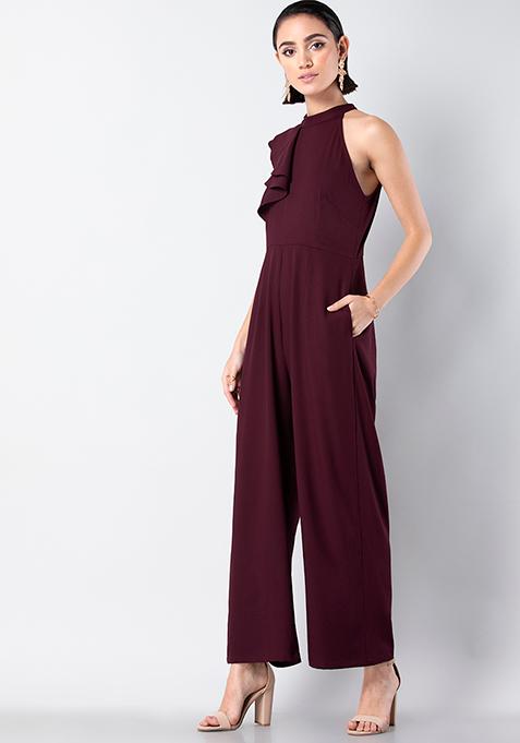 Buy Women Wine Ruffled Shoulder Jumpsuit - Date Night Dress Online ...