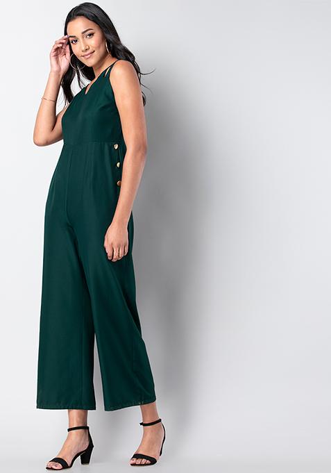 Buy Women Bottle Green Button Sides Jumpsuit - Honeymoon Dress Online ...